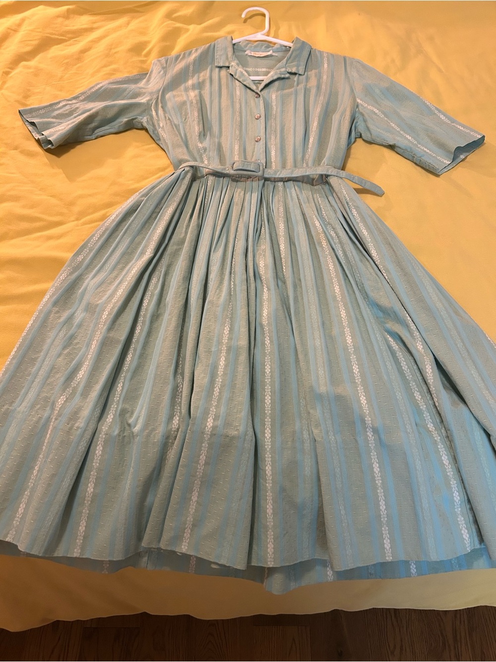 Vintage 60’s Light Teal Striped Button-Front Midi Dress with Belt - Picture 3 of 8